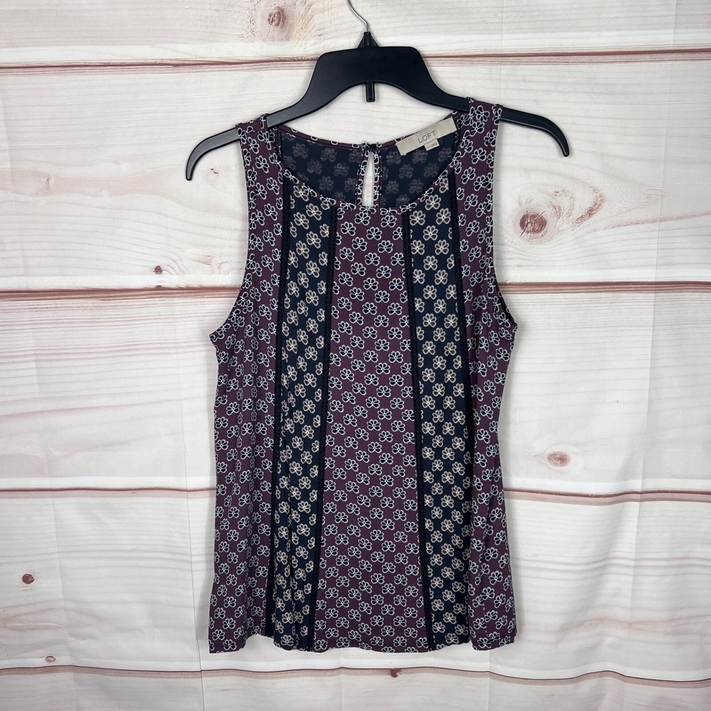LOFT Top Womens S Purple Blue Geometric Tank Round Neck Woven Knit Sleeveless